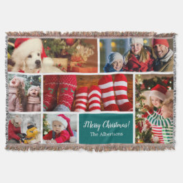 クリスマス7フォトコラージュと家族の名前，青 スローブランケット