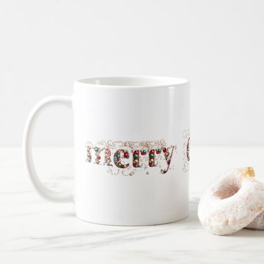 クリスマス おめでとう ゴールドとビーズの装飾文字 コーヒーマグカップ (ドーナツ)