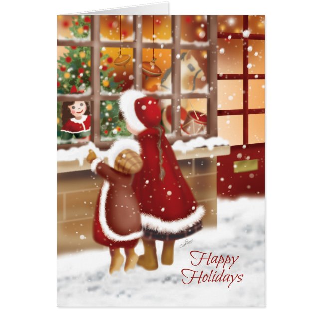 クリスマス。 おもちゃの店を見ているヴィンテージのスタイルの子供 (正面)