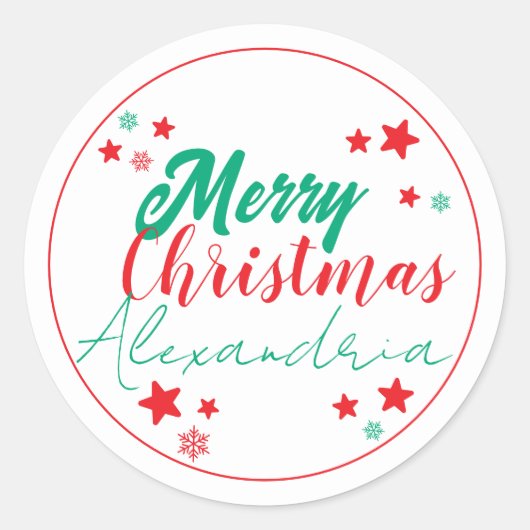 クリスマス お名前入りのスクリプト 赤と緑 ラウンドシール (正面)