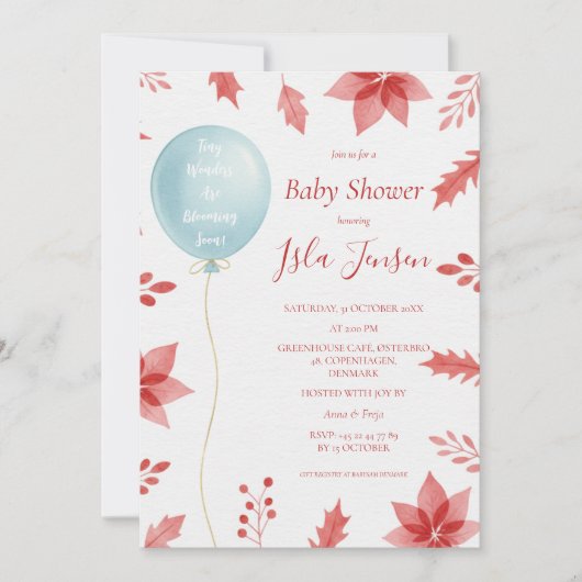 クリスマス+お祝い+バルーン+赤い葉のベビーシャワー 招待状 (正面)