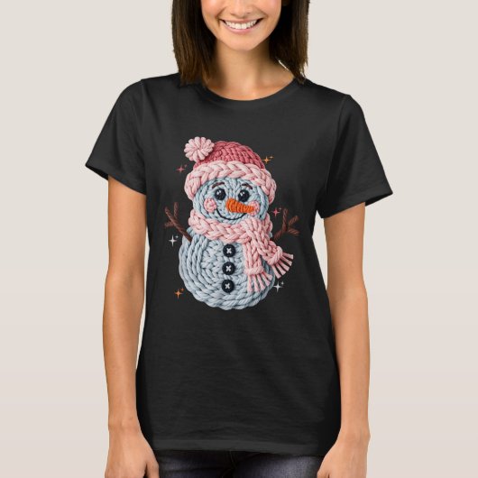 クリスマス かぎ針編み フェイクヤーン 雪だるま かぎ針編み ファニー Tシャツ (正面)