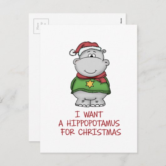 クリスマス-かわいいカバのデザインのためのカバ シーズンポストカード (正面/裏面)