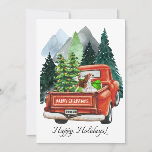 クリスマス かわいい ビーグルとヴィンテージ トラック 水彩画 (正面)