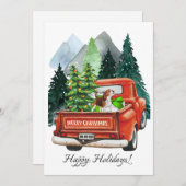 クリスマス かわいい ビーグルとヴィンテージ トラック 水彩画 (正面/裏面)