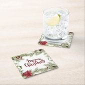 クリスマス|の水彩画-ヒイラギ及びヤドリギフレーム スクエアペーパーコースター (インサイチュ)