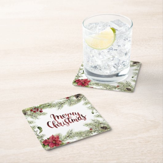 クリスマス|の水彩画-ヒイラギ及びヤドリギフレーム スクエアペーパーコースター (インサイチュ)