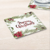 クリスマス|の水彩画-ヒイラギ及びヤドリギフレーム スクエアペーパーコースター (アングル)
