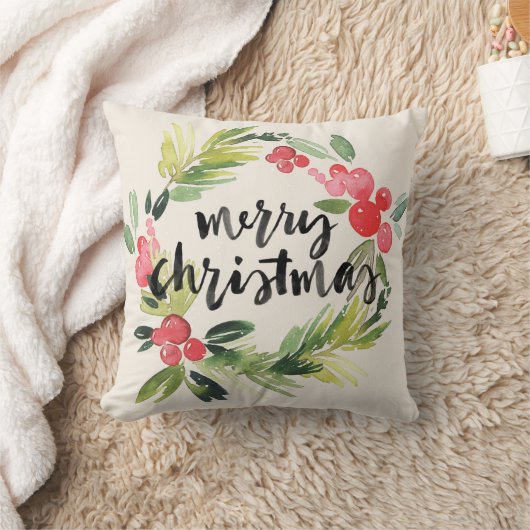 クリスマス|の水彩画-メリークリスマスのリース クッション (ブランケット)