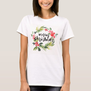 クリスマス の水彩画-メリークリスマスのリース Tシャツ
