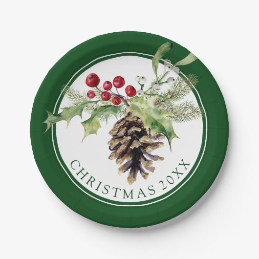 クリスマス|の水彩画-ヴィンテージのヒイラギ及びPinecone ペーパープレート (正面)