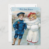 クリスマス、アイススケートしている子供 シーズンポストカード (正面/裏面)