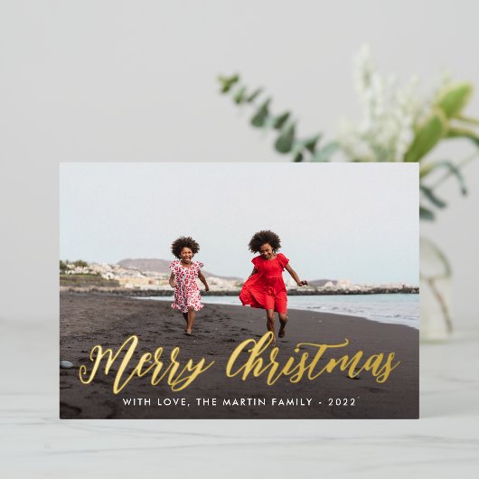 クリスマス アイボリー ボタニカル プリント 写真1枚 箔招待状 (立ち正面)