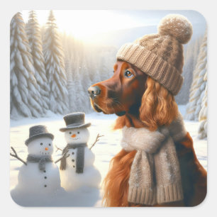 クリスマス・アイリッシュ・セッターと雪だるま スクエアシール
