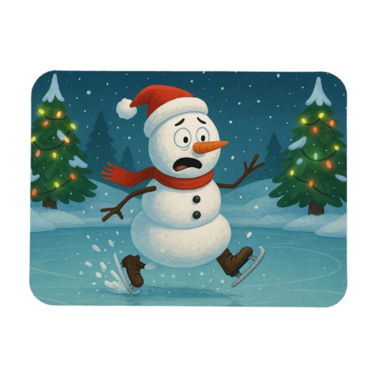クリスマス+イブにアイススケートをするおかしい雪だるま マグネット (横)