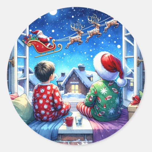クリスマス・イブにサンタを見る子供たち ラウンドシール (正面)
