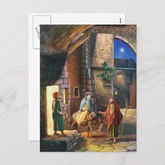 クリスマス・イブにロバと共にマリアとヨセフ シーズンポストカード (正面/裏面)