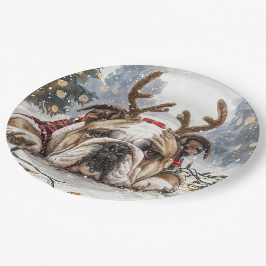 クリスマス・イングリッシュ・ブルドッグ・トナカイ ペーパープレート (アングル)