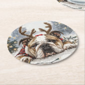 クリスマス・イングリッシュ・ブルドッグ・トナカイ ラウンドペーパーコースター (アングル)