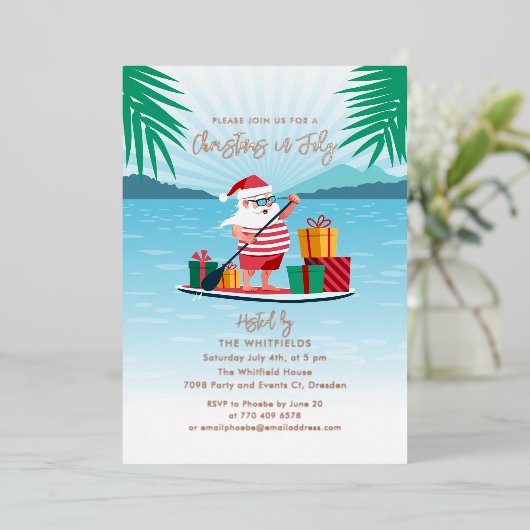 クリスマス・イン・ジュライ サマー BBQ ビーチパーティー ローズゴールド 箔シーズンカード (立ち正面)