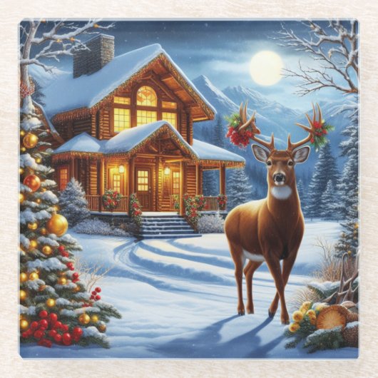クリスマス/ウィンターディアーロッジ ガラスコースター (正面)