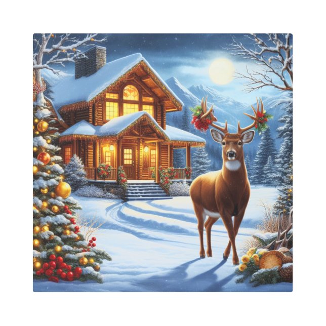 クリスマス/ウィンターディアーロッジ メタルプリント (正面)