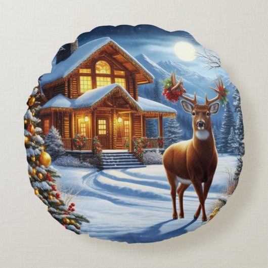 クリスマス/ウィンターディアーロッジ ラウンドクッション (正面)