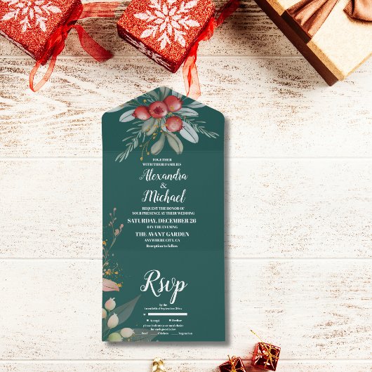 クリスマス　ウィンター　グリーン　ウェディング オールインワン招待状