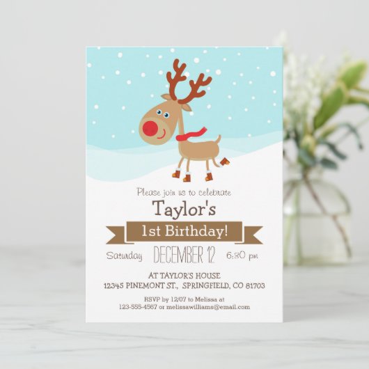 クリスマス・ウィンター・トナカイ子どもの誕生日パーティー 招待状 (スタンド正面)