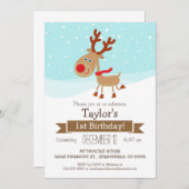 クリスマス・ウィンター・トナカイ子どもの誕生日パーティー 招待状 (正面/裏面)