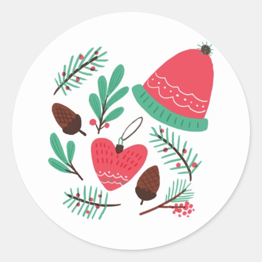 クリスマス ウィンター ハット アンド ピンコーンズ ラウンドシール (正面)