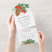 クリスマス ウェディング ホリーデー パインコーン ゴールド リーフ オールインワン招待状 (貼ってはがせる)