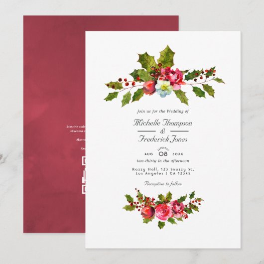 クリスマス ウェディング ホーリー QRコード RSVP 招待状 (正面/裏面)
