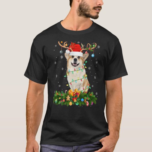 クリスマス+ウェルシュコーギーのサンタのトナカイ帽子 Tシャツ (正面)
