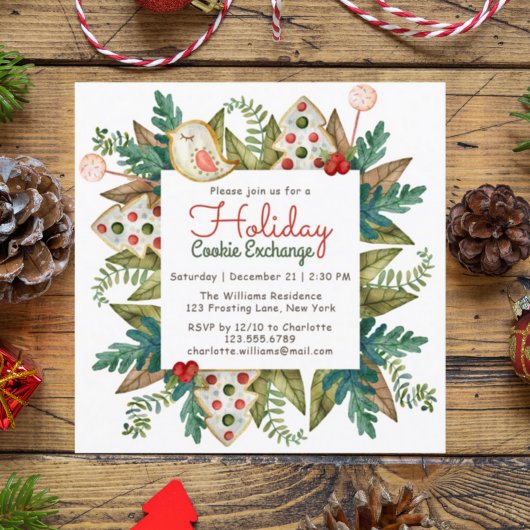 クリスマス・ウォーターカラー・ホリデー・クッキー・エクスチェンジ 招待状