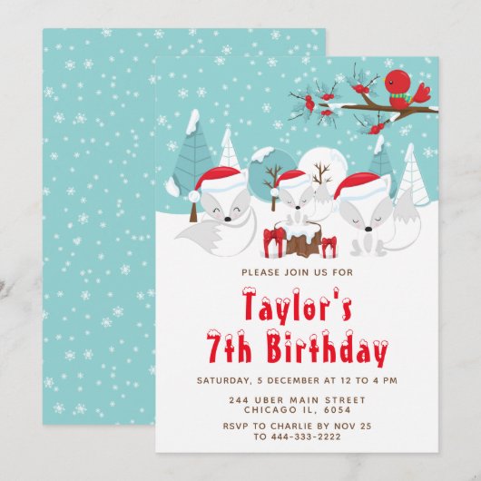 クリスマス　ウッドランド　アークティック　フォックス　バースデー　パーティー 招待状 (正面/裏面)