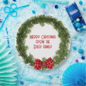 クリスマス エバーグリーン リース（松の葉の飾り） チェック柄のリボン付き ペーパープレート (パーティー)