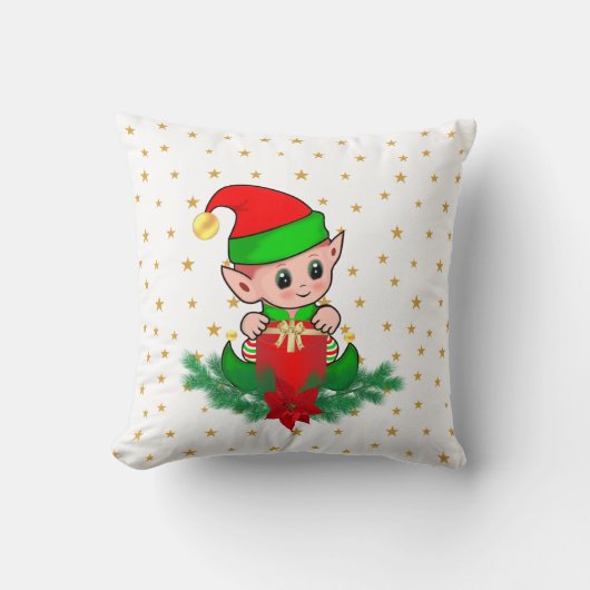 クリスマス+エルフ+松+ポインセチア+星 クッション (正面)