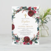 クリスマス エレガント バーガンディ ゴールドの女の子の洗礼 招待状 (スタンド正面)