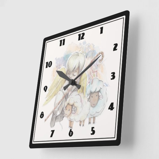 クリスマス・エンジェル・シェパードと羊 スクエア壁時計 (傾斜)