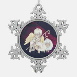 クリスマス・エンジェル・シェパードと羊 スノーフレークピューターオーナメント