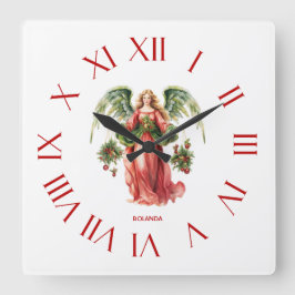クリスマス・エンジェル・レッド・ローマ数字 スクエア壁時計