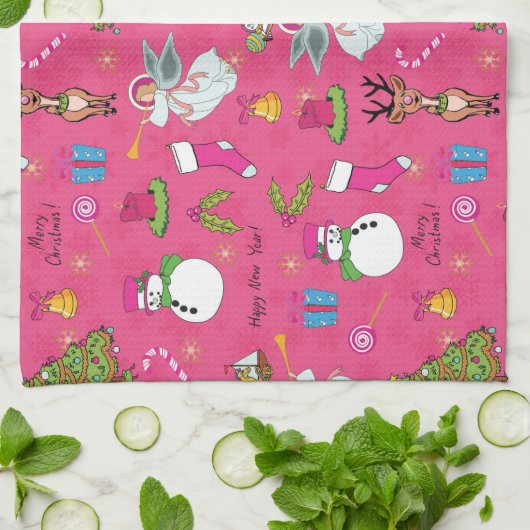 クリスマス・エンジェル、鹿と雪だるま キッチンタオル (折り畳み)