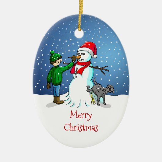 クリスマス オーナメントの雪だるまと少年と犬 セラミックオーナメント (正面)