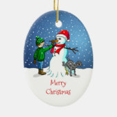 クリスマス オーナメントの雪だるまと少年と犬 セラミックオーナメント (裏面)