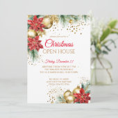 クリスマス オープンハウス パーティー 赤いポインセチア ゴールド 招待状 (スタンド正面)