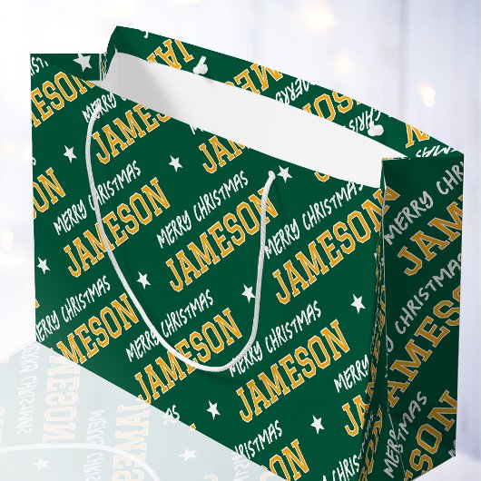 クリスマス カスタムネーム グリーン ゴールド ラージペーパーバッグ