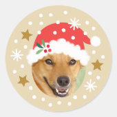 クリスマス カスタム フォト サンタ ハット 面白い ベージュ ラウンドシール (正面)