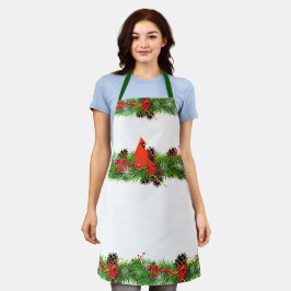 クリスマス カーディナルとホリデー グリーン / ホワイト エプロン