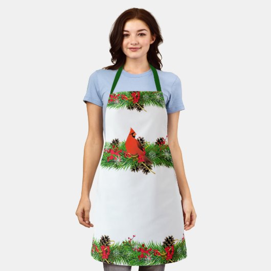 クリスマス カーディナルとホリデー グリーン / ホワイト エプロン (着用した状態)